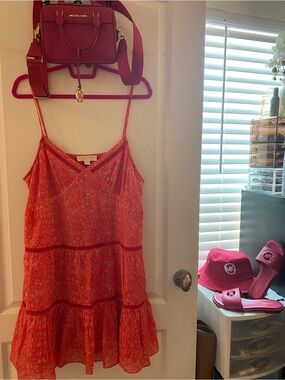 Michael Kors Coral Red Floral Tiered Cami Dress